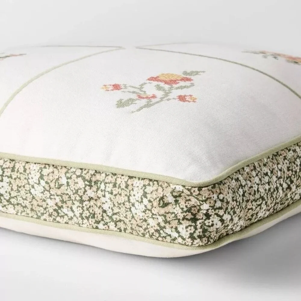 Square Cross-Stitched‎ Floral Pillow Green/Pink - Threshold Studio McGee, Target